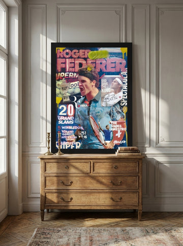 Modern wall art print standing on a sideboard in a Parisian home office