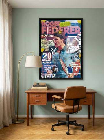 Canvas wall art with a black surround styled on the wall in a mid-century home office