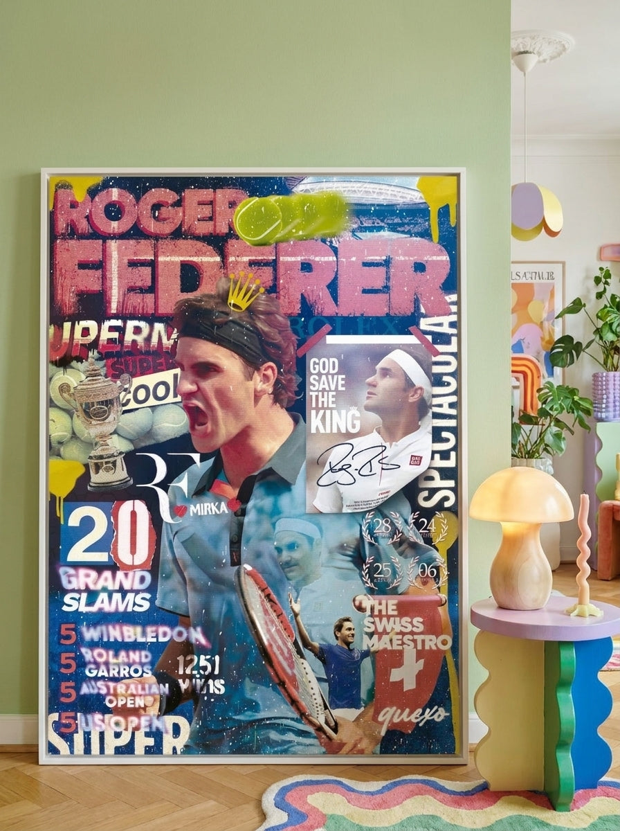 Oversized statement canvas wall art with a white surround leaning against the wall in a colourful eclectic living room