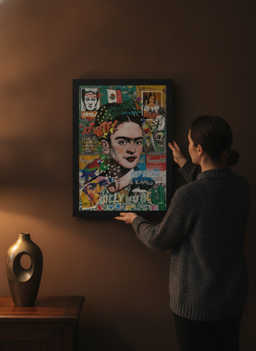 Person holding modern wall art print in a moody living room