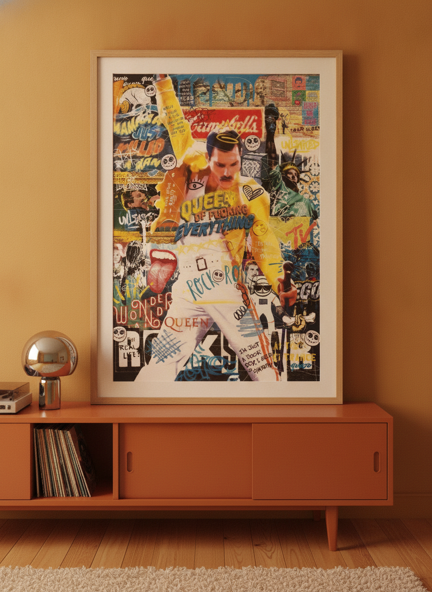 Modern wall art print standing on a sideboard in a retro 70s bedroom