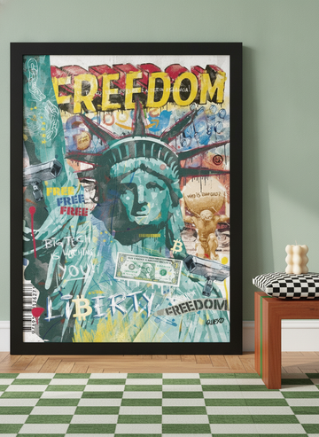 Modern wall art print standing on a side table in a colourful eclectic home office