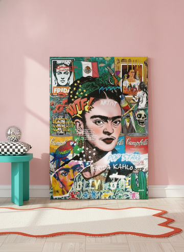 Stretched canvas wall art leaning against the wall in a colourful eclectic living room