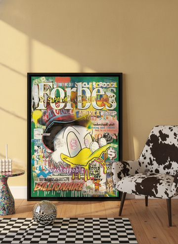 Canvas wall art with a black surround leaning against the wall in a colourful eclectic bedroom