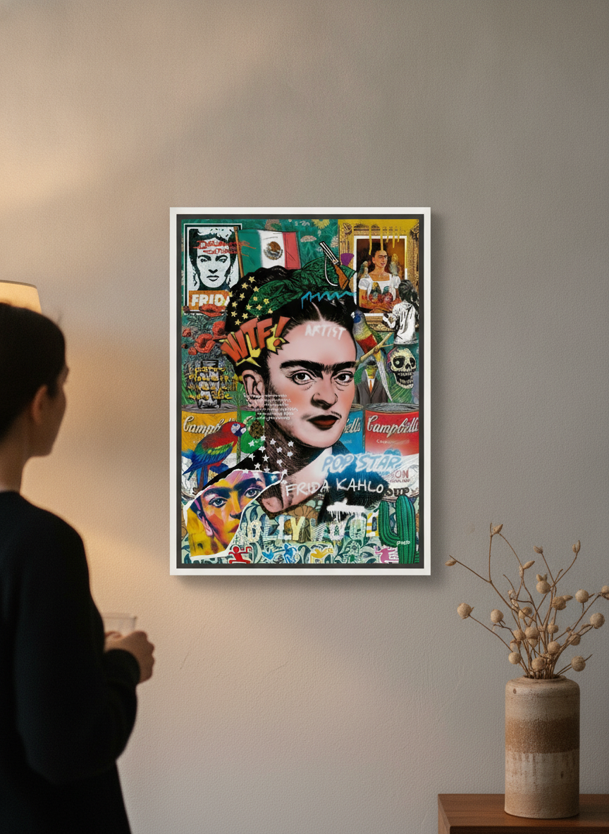 Person holding canvas wall art with a white surround in a warm Japandi living room