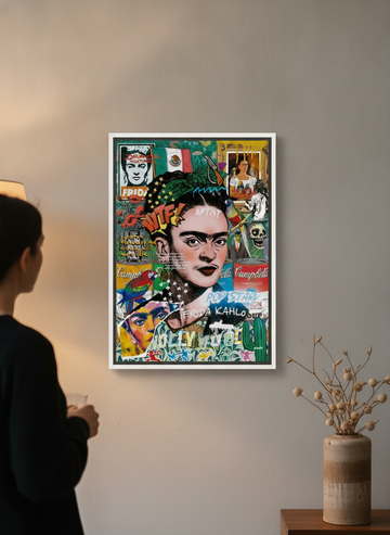 Person holding canvas wall art with a white surround in a warm Japandi living room