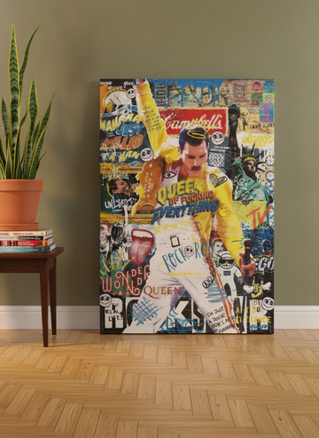 Stretched canvas wall art leaning against the wall in a mid-century home office
