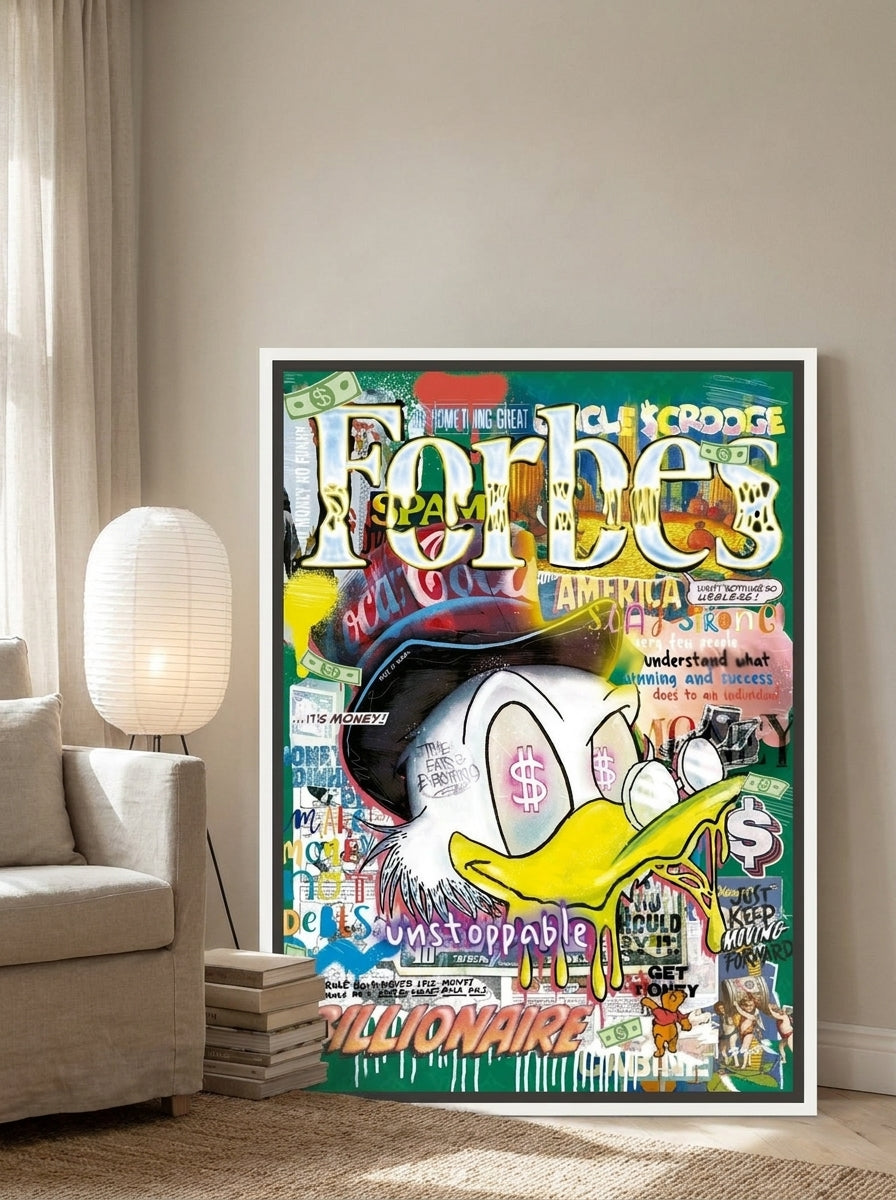 Canvas wall art with a white surround leaning against the wall in a warm Japandi home office