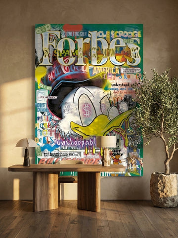 Stretched canvas wall art styled on the wall in a luxe home office