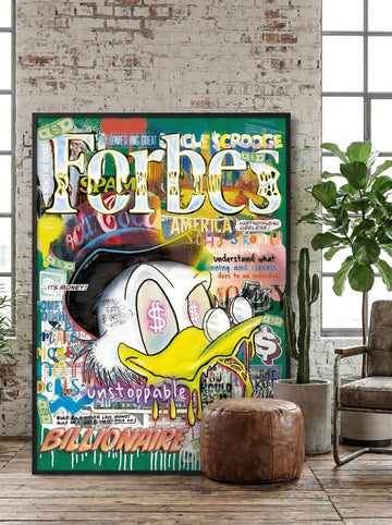 Oversized statement modern wall art print leaning against the wall in an industrial loft living room