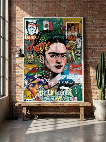 Modern wall art print standing on a bench in an industrial loft home office