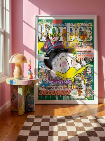 Modern wall art print standing on a side table in a colourful eclectic living room