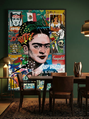 Oversized statement modern wall art print styled on the wall in a moody dining room