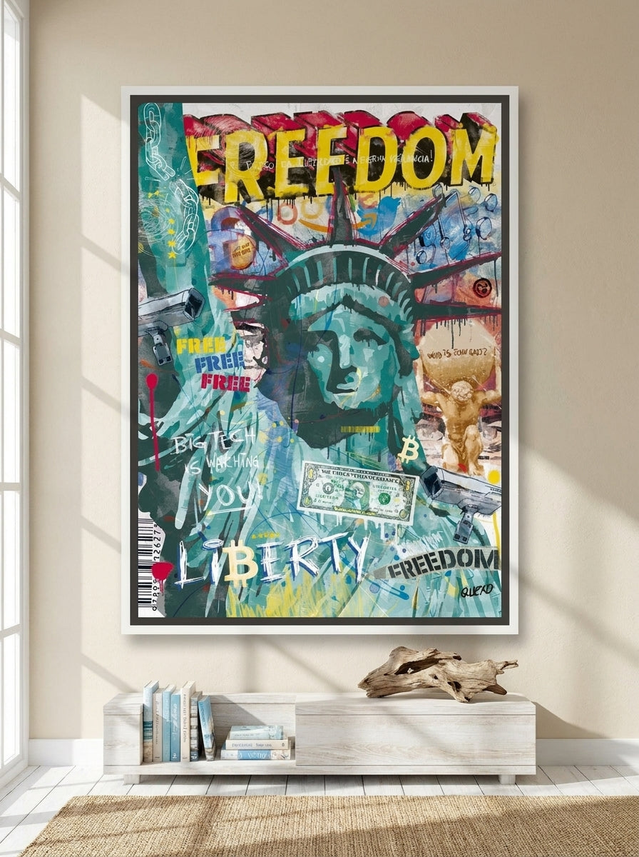 Canvas wall art with a white surround styled on the wall in a coastal living room