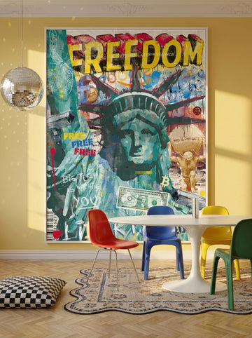 Oversized statement modern wall art print styled on the wall in a colourful eclectic dining room
