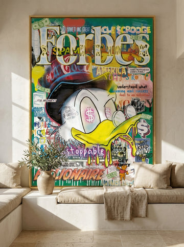 Oversized statement canvas wall art with a gold leaf surround styled on the wall in a Mediterranean living room