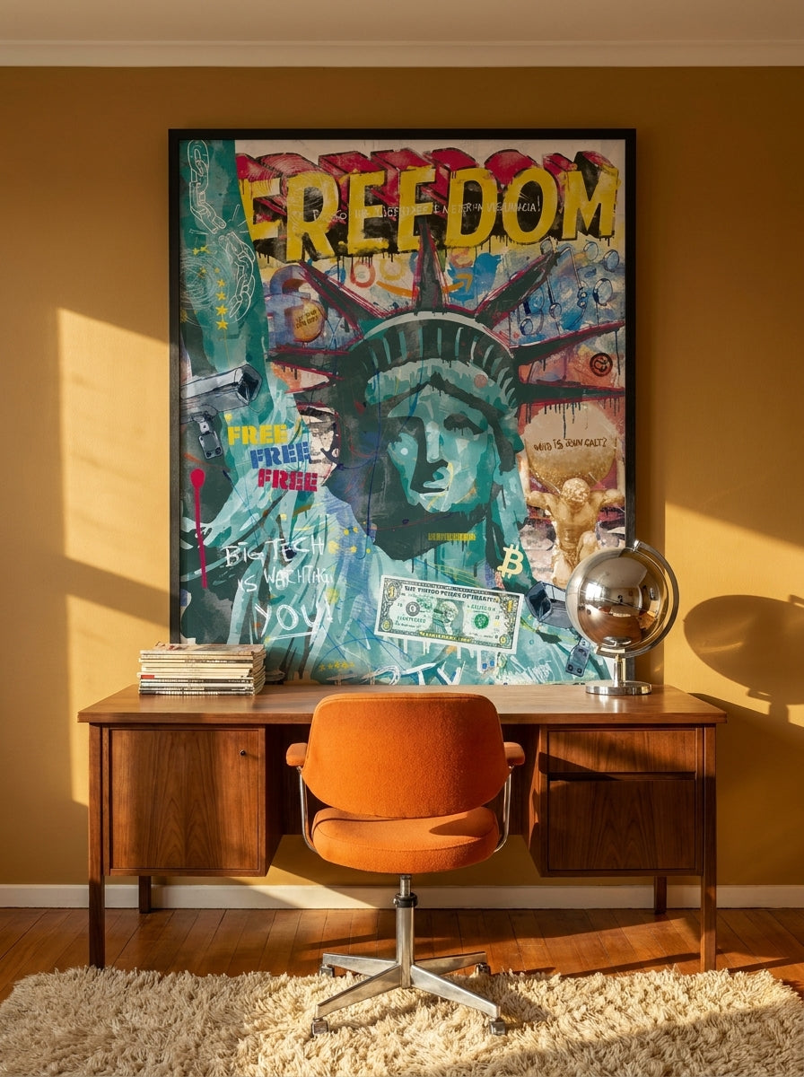 Modern wall art print styled on the wall in a retro 70s home office