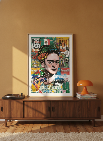 Modern wall art print standing on a sideboard in a retro 70s bedroom