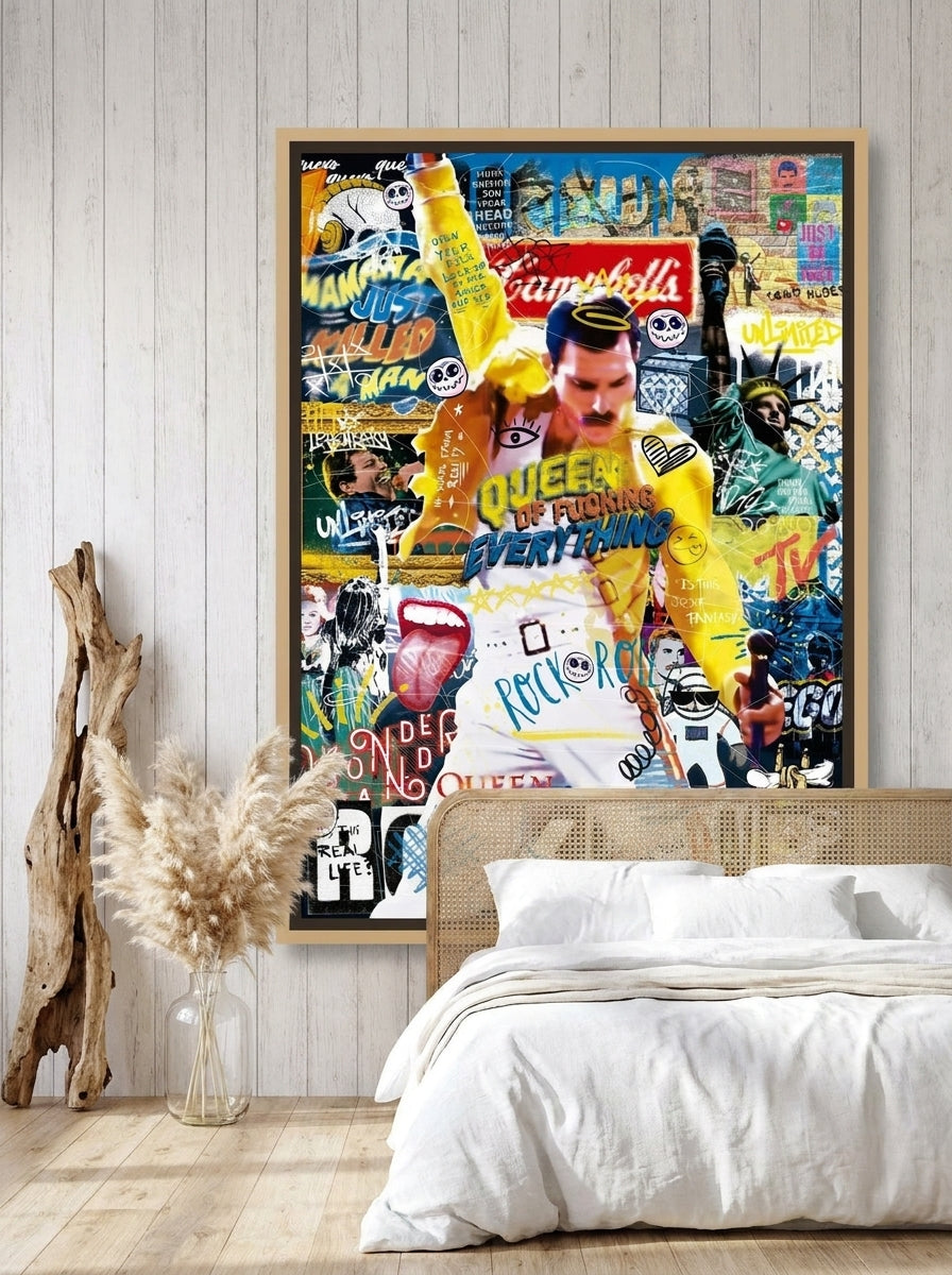 Canvas wall art with a natural timber surround styled on the wall in a coastal bedroom