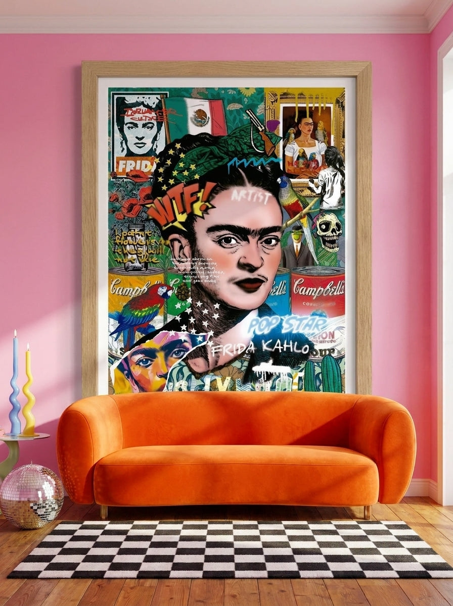 Modern wall art print styled on the wall in a colourful eclectic living room