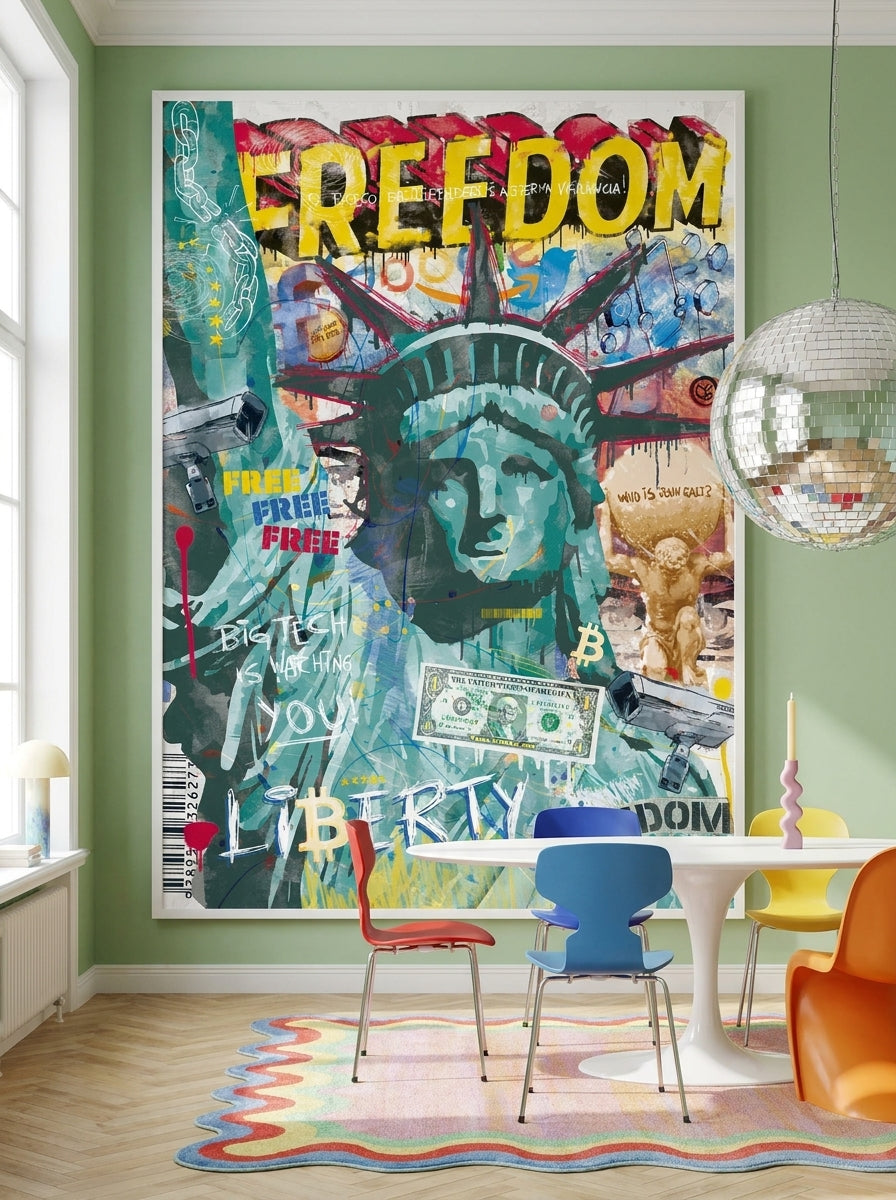 Oversized statement modern wall art print styled on the wall in a colourful eclectic dining room