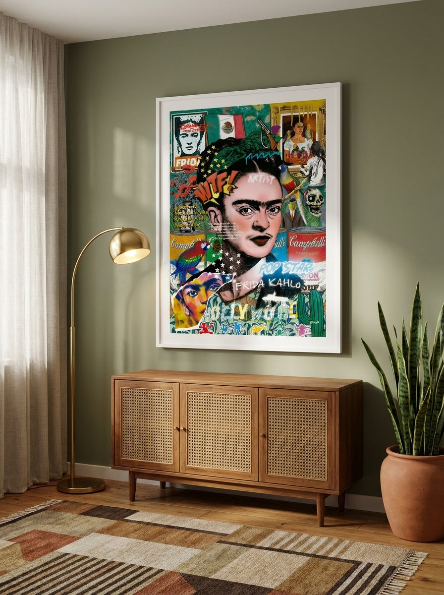 Modern wall art print styled on the wall in a mid-century living room