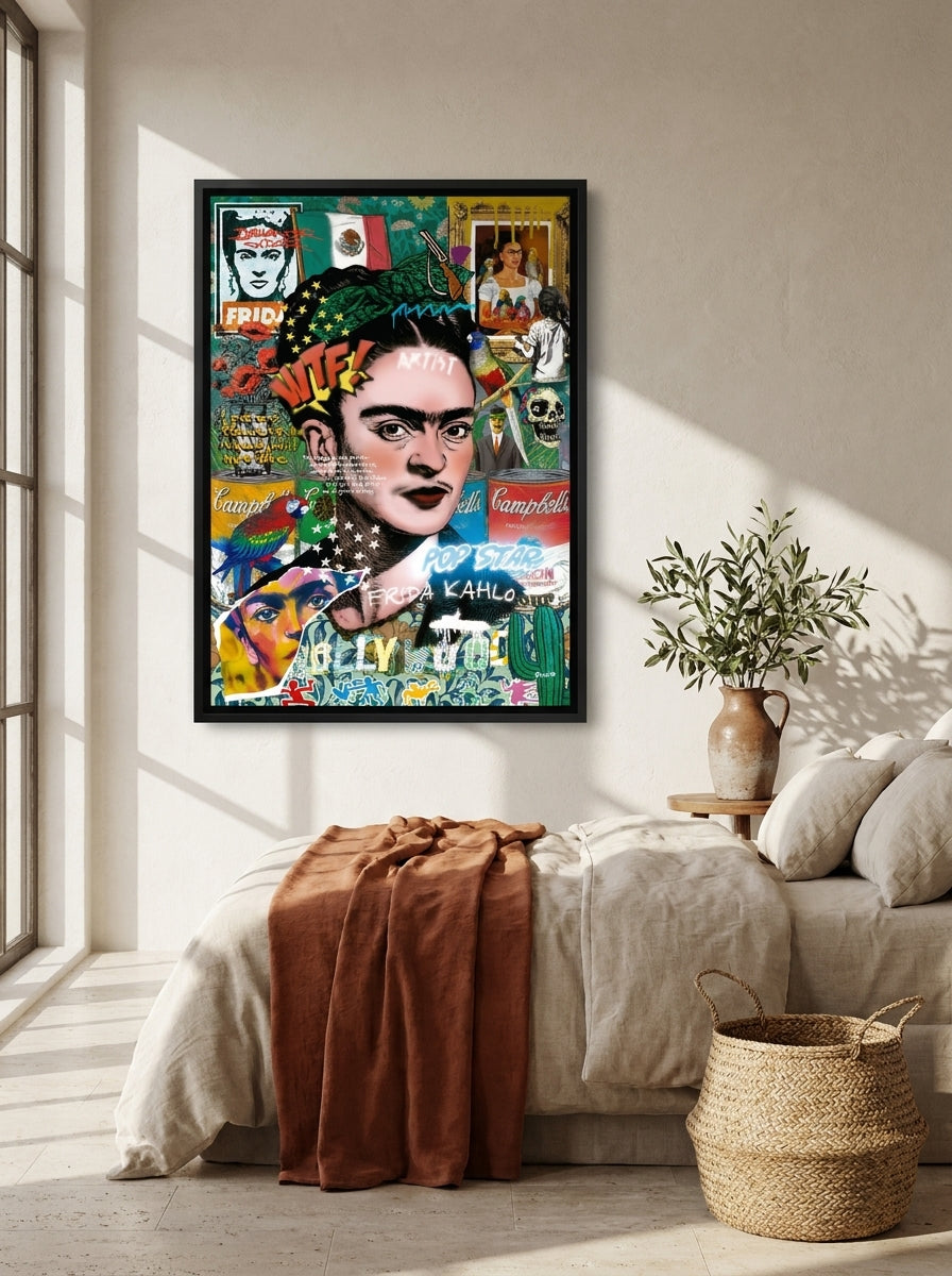 Canvas wall art with a black surround styled on the wall in a Mediterranean bedroom