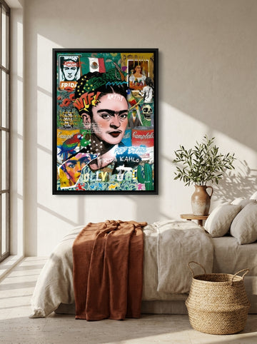 Canvas wall art with a black surround styled on the wall in a Mediterranean bedroom
