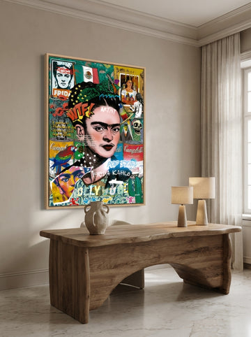 Oversized statement canvas wall art with a natural timber surround styled on the wall in a luxe home office