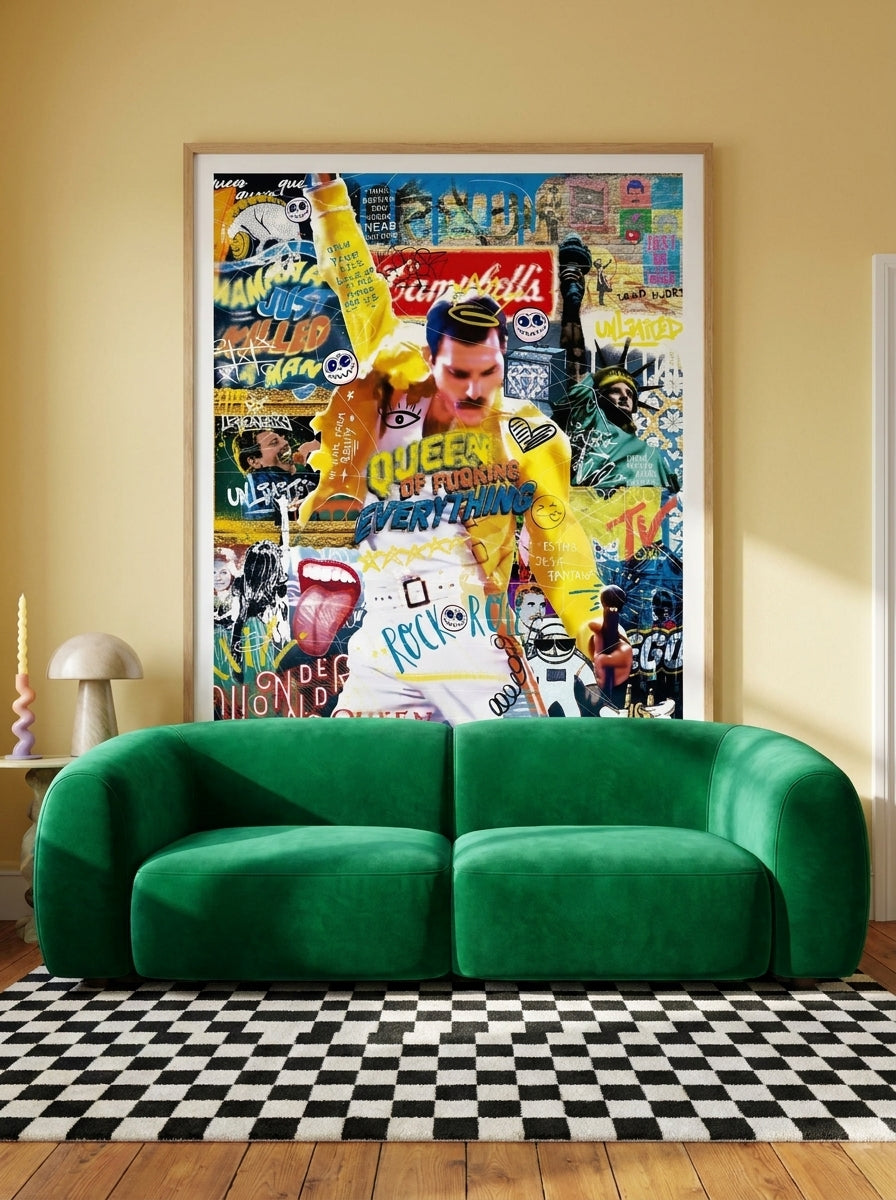 Modern wall art print styled on the wall in a colourful eclectic living room