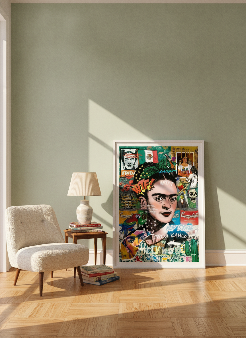 Oversized statement modern wall art print leaning against the wall in a mid-century living room