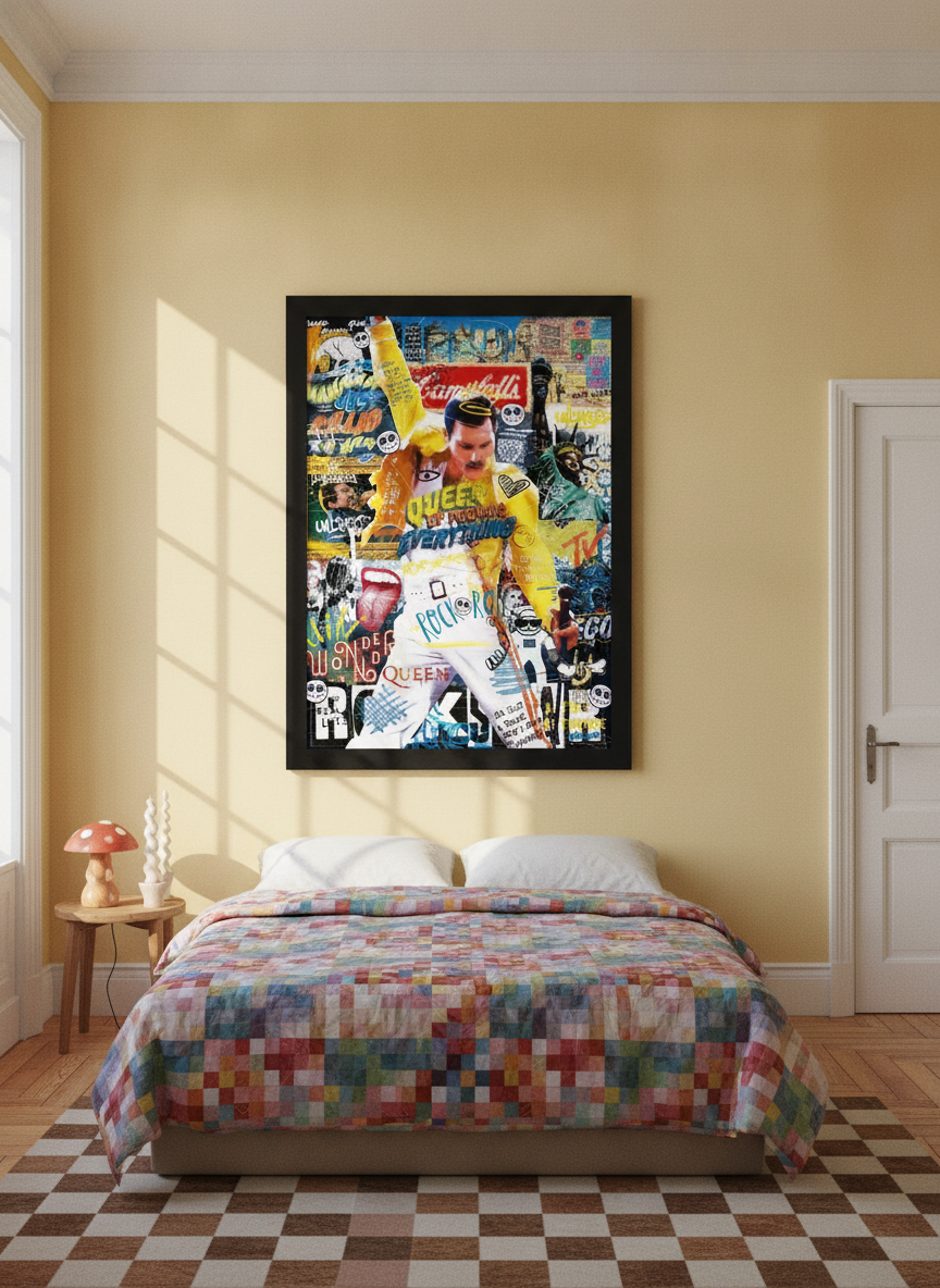 Oversized statement modern wall art print styled on the wall in a colourful eclectic bedroom