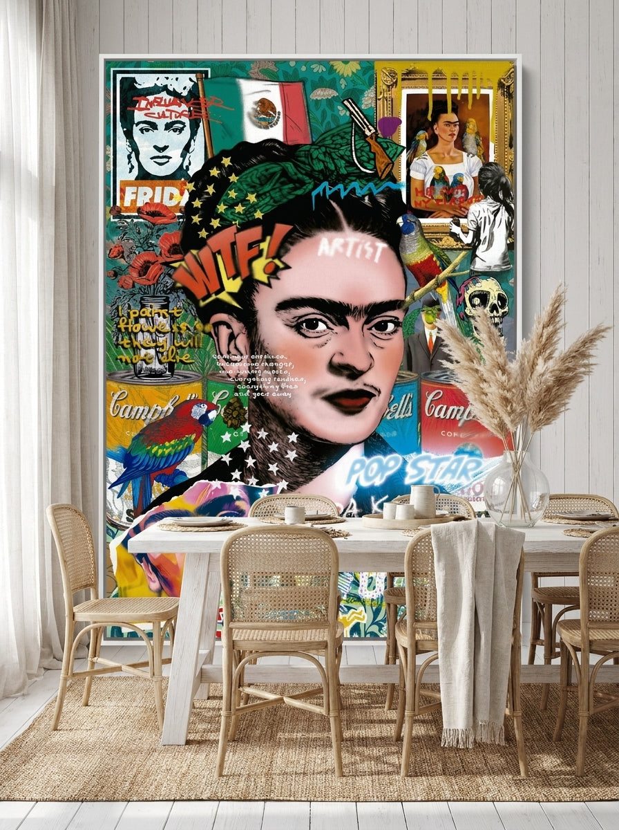 Oversized statement canvas wall art with a white surround styled on the wall in a coastal dining room
