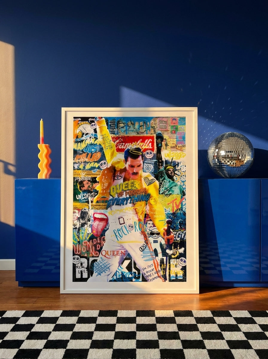 Modern wall art print standing on a sideboard in a colourful eclectic dining room