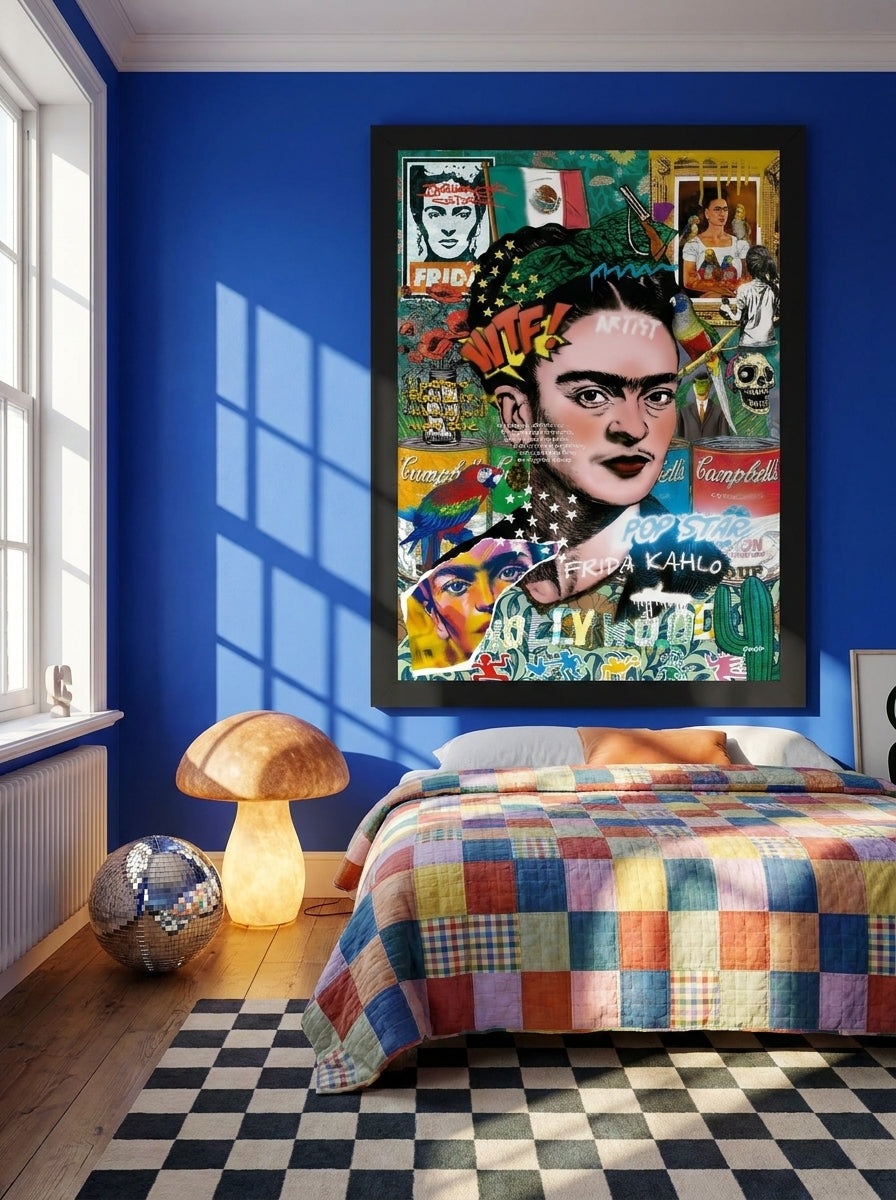 Oversized statement modern wall art print styled on the wall in a colourful eclectic bedroom