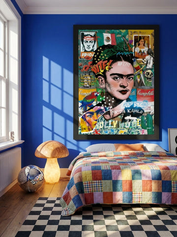 Oversized statement modern wall art print styled on the wall in a colourful eclectic bedroom