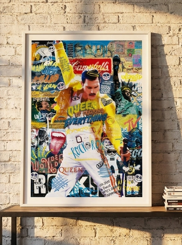 Modern wall art print standing on a console in an industrial loft home office