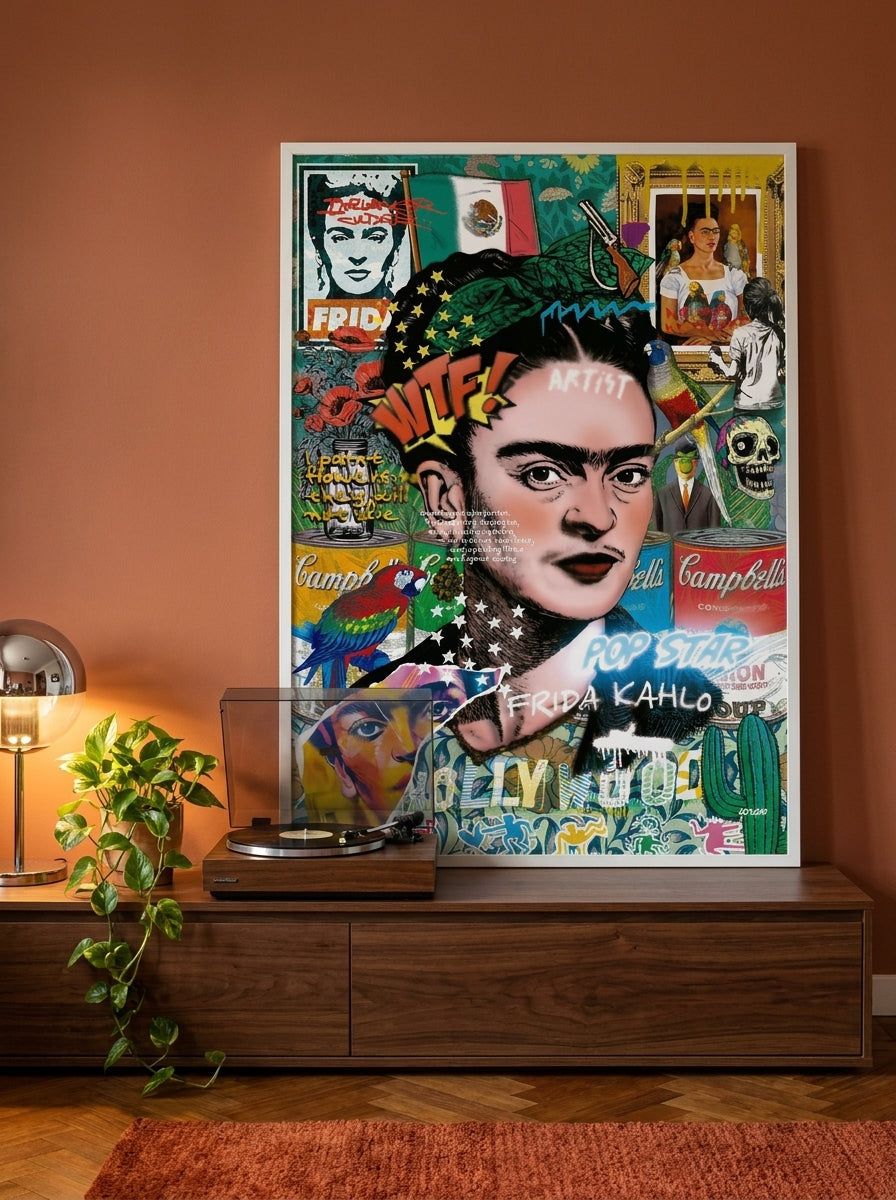 Modern wall art print standing on a sideboard in a retro 70s home office