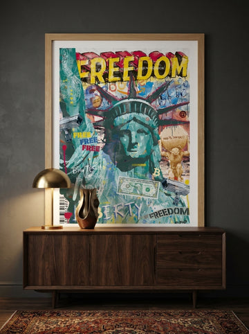 Modern wall art print styled on the wall in a moody living room