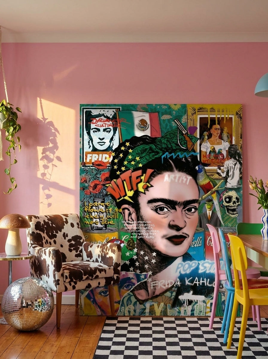Stretched canvas wall art leaning against the wall in a colourful eclectic dining room