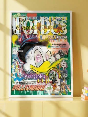 Modern wall art print standing on a sideboard in a colourful eclectic living room