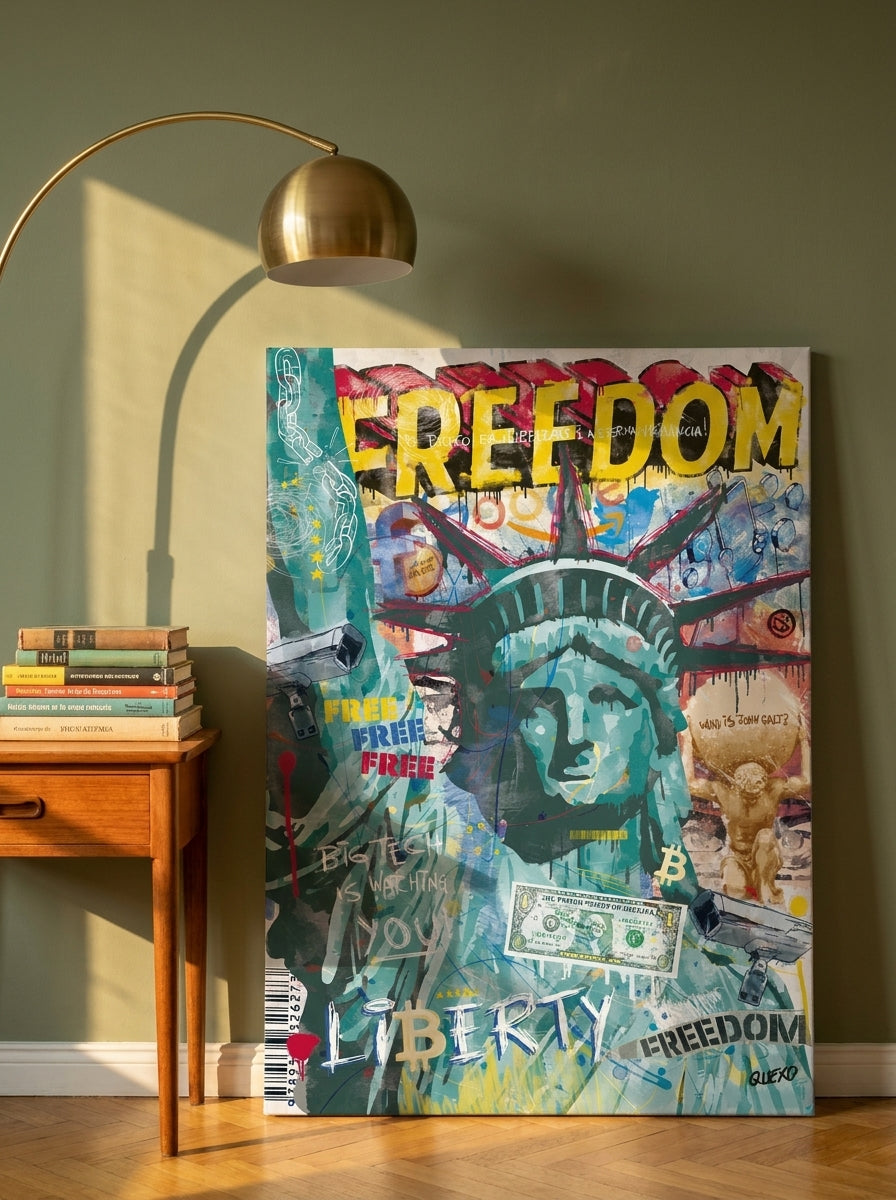 Stretched canvas wall art leaning against the wall in a mid-century living room