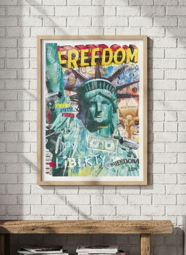 Modern wall art print standing on a bench in an industrial loft living room
