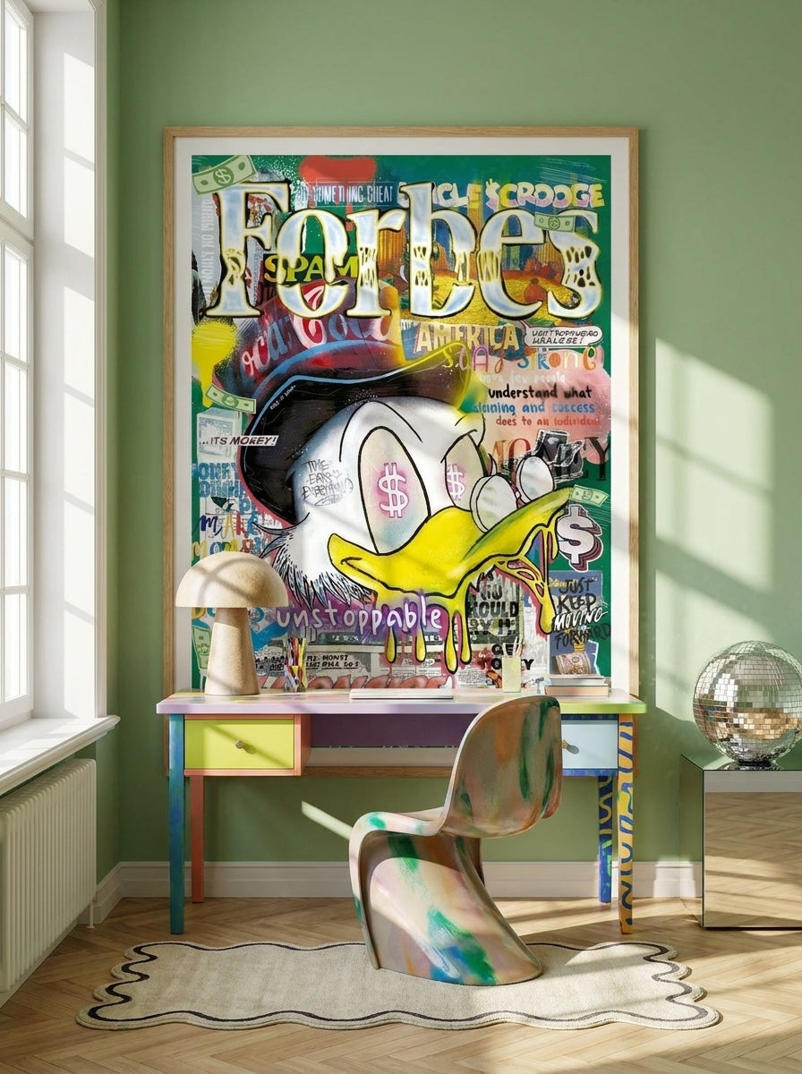 Modern wall art print styled on the wall in a colourful eclectic home office