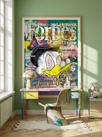 Modern wall art print styled on the wall in a colourful eclectic home office