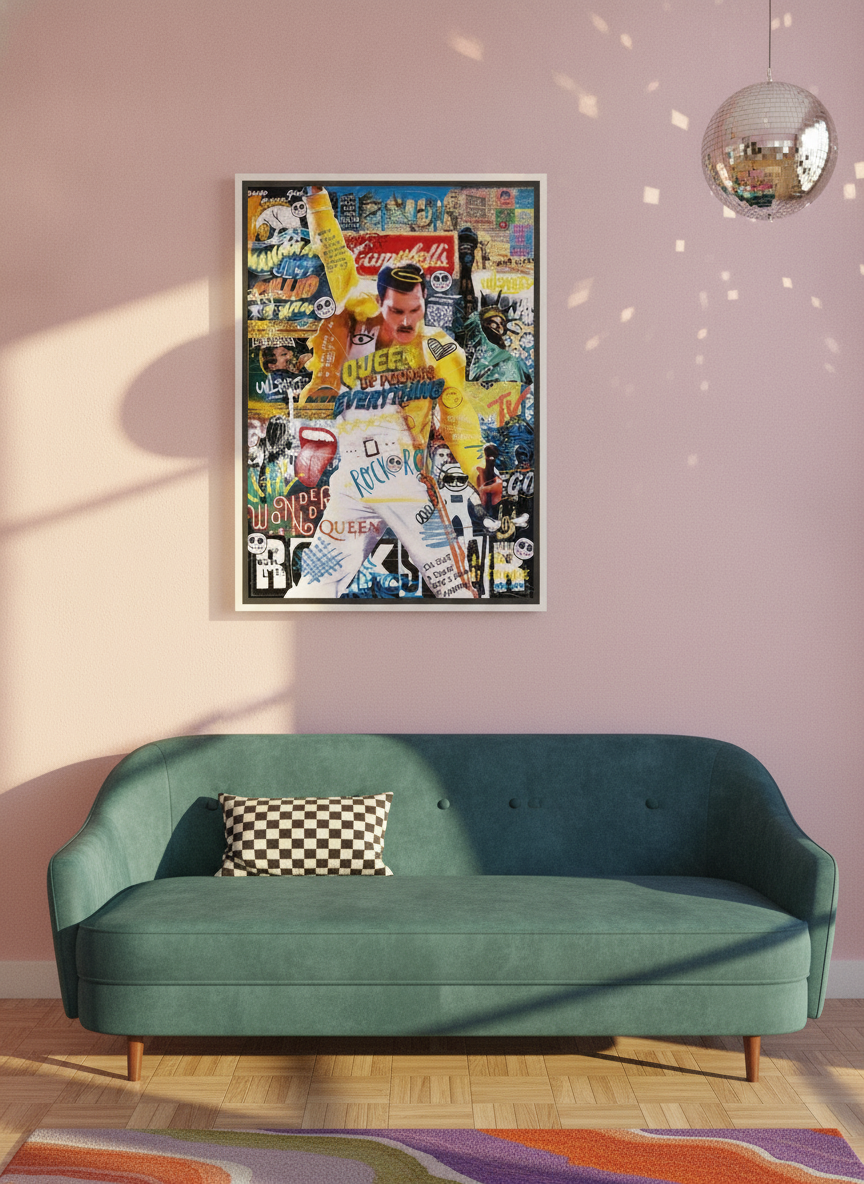 Canvas wall art with a white surround styled on the wall in a colourful eclectic living room