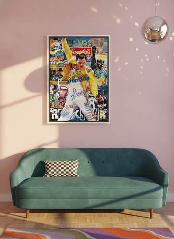 Canvas wall art with a white surround styled on the wall in a colourful eclectic living room