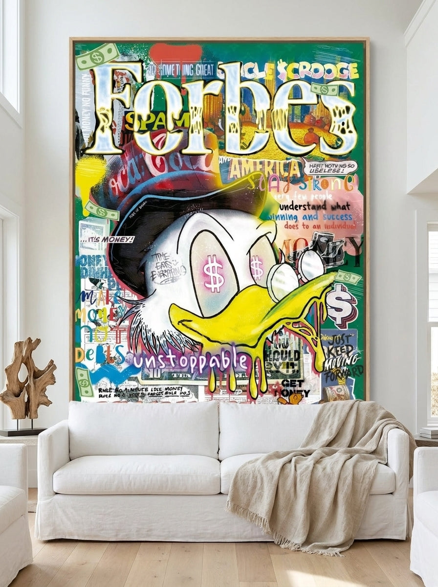Oversized statement canvas wall art with a natural timber surround styled on the wall in a coastal living room