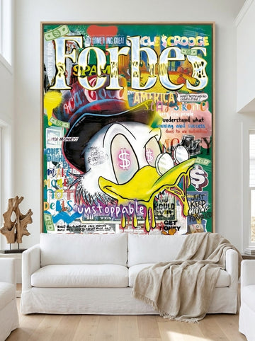 Oversized statement canvas wall art with a natural timber surround styled on the wall in a coastal living room