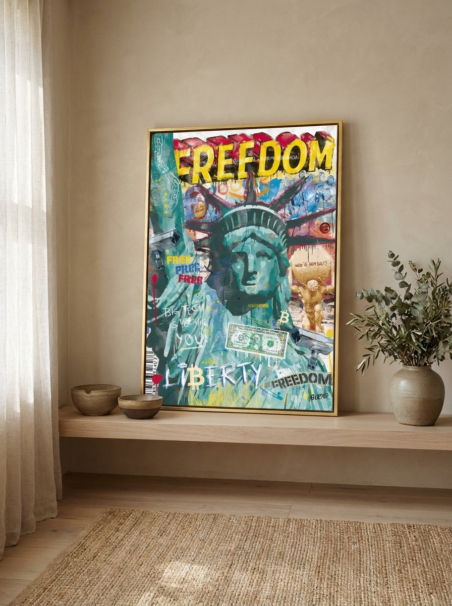 Canvas wall art with a gold leaf surround standing on a shelf in a warm Japandi home office